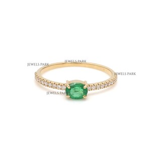 Emerald oval cut diamond thin ring gold | Natural emerald oval prong set diamond ring gold | Oval cut emerald diamond dainty ring gold