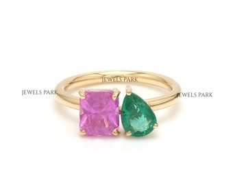 Emerald and pink sapphire two stone ring gold | Natural emerald and sapphire toi et moi ring gold | Emerald cut emerald pear sapphire gold