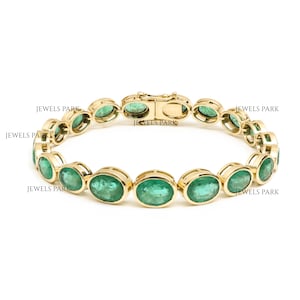 Real emerald oval shape bezel set tennis bracelet gold | Natural emerald tennis bracelet gold | Emerald cut emerald tennis bracelet gold