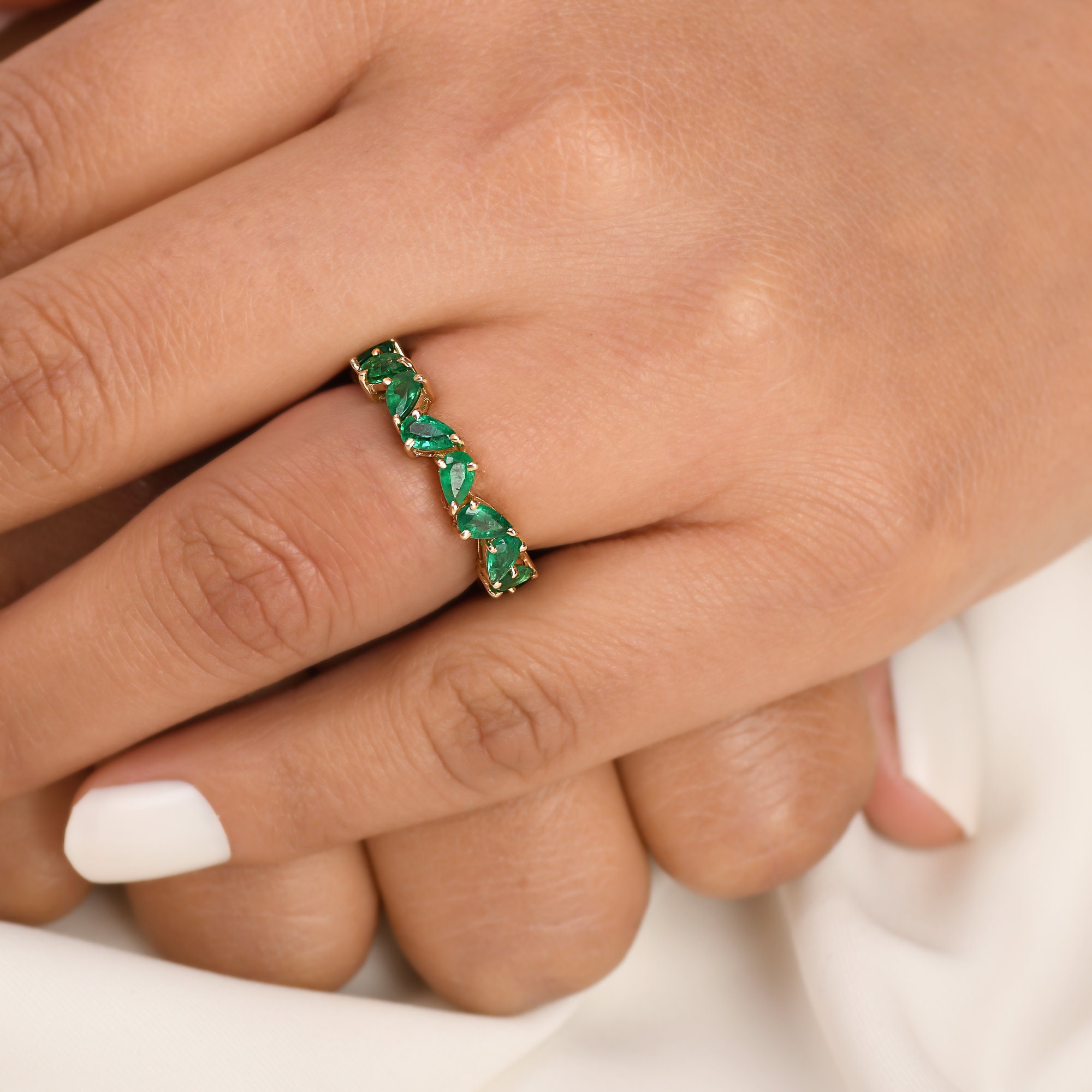 Real Emerald Pear Eternity Band Ring Gold | Natural 3-4CTW Emerald Pear ...