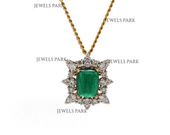 Emerald sugarloaf cut with diamond vintage pendant gold | Natural emerald diamond pendant gold | Big Emerald diamond vintage pendant gold