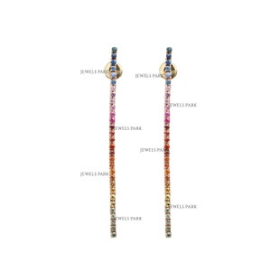 Long earrings rainbow sapphire in 14K gold | Natural rainbow sapphire threader earrings gold | Multi sapphire rainbow gradient earrings gold
