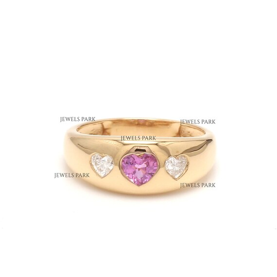 Pink sapphire heart diamond bezel set gypsy chunky ring gold Natural pink  sapphire flush set chunky ring Pink sapphire diamond ring gold