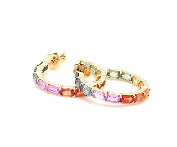 Rainbow sapphire sales hoop earrings