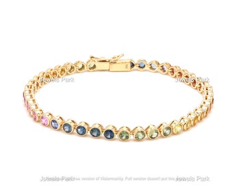 Rainbow sapphire bezel set tennis bracelet link chain in 14k 18k gold | Natural 3mm multi sapphire pink sapphire ombre rainbow bracelet gold