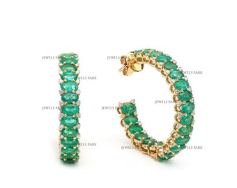 Emerald oval cut diamond big hoop earrings gold | Natural oval cut emerald diamond hoop gold | Emerald cut emerald hoops earrings gold