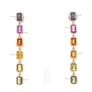 Hangoorbellen regenboogsaffier goud | Natuurlijke smaragd geslepen ring set saffier oorbellen goud | Lange oorbellen regenboog ombre saffier goud