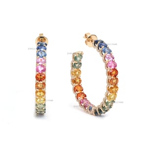 Rainbow Sapphire oval cut hoops earring gold | Natural rainbow sapphire diamond inside out hoops earring gold | Ombre sapphire earrings gold