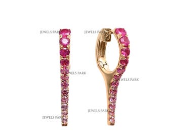Roze saffier ombre oorringen goud | Natuurlijke roze saffier ombre unieke stijl hop oorbellen goud | Lange roze saffieroorbellen