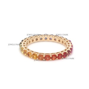 Rainbow Sapphire round thin prong set ring gold | Natural rainbow sapphire round stackable ring gold | Sapphire thin rainbow ombre band gold