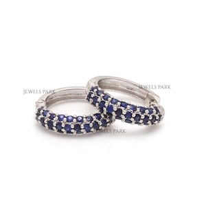 Blue sapphire small hoops huggies earring gold | Natural 15MM 1.5CTW blue sapphire small round earrings gold | Birthstone earring for kids