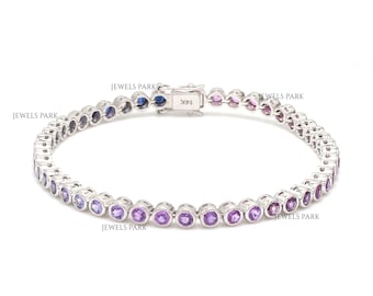 Blue pink purple sapphire bezel set round cut tennis bracelet gold | Natural blue pink ombre sapphire bracelet gold | Sapphire bracelet gold