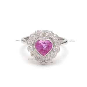 Pink sapphire heart diamond bezel set ring gold | Natural pink sapphire flush set vintage ring gold | Pink sapphire diamond signet ring gold