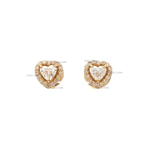 Diamond mini heart halo studs earrings gold | Natural diamond heart cut tops mini earrings gold | Mini heart diamond studs earrings gold