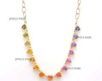 Rainbow sapphire heart Miami chain necklace 14K gold | Natural rainbow sapphire heart chain choker gold | Multi sapphire heart necklace gold