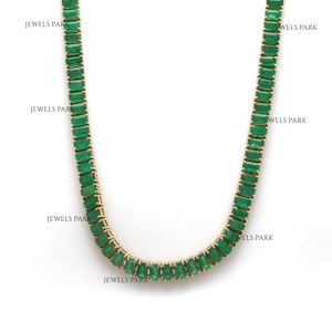 Emerald octagon tennis necklace gold | Natural emerald cut emerald tennis necklace gold | Real emerald vivid green tennis necklace in gold