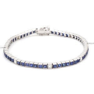 Blue sapphire diamond princess cut tennis bracelet 14K gold | Natural blue sapphire 2.5MM channel set bracelet gold | Sapphire bracelet gold