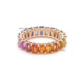 Rainbow sapphire emerald cut eternity band ring gold | Natural 4x3MM 5CT multi sapphire rainbow sapphire ring gold | Rainbow ombre ring gold