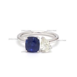 Blau Saphir Kissen und Diamant Pear Toe Moe Ring in Gold | Echt Blauer Saphir Diamant Verlobungsring | Natürliche Saphire Ring Gold