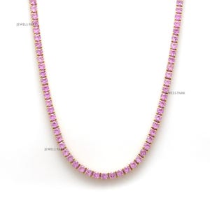 Half pink sapphire tennis necklace 14k 18k gold | Natural pink sapphire round cut necklace gold | Pink sapphire paperclip link necklace gold