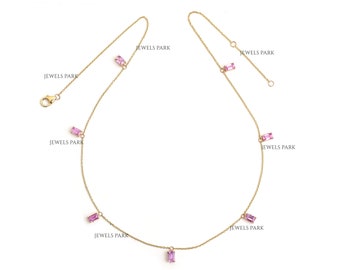 Pink sapphire emerald cut prong set charms necklace gold | Natural pink sapphire octagon thin necklace gold | Pink sapphire charms necklace
