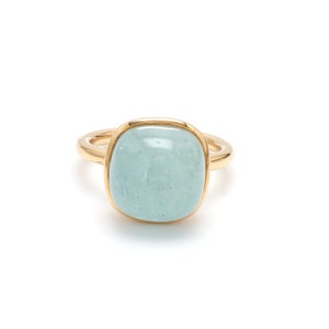 Milky Aquamarine pomellato style bezel set cushion cabochon ring in 14k or 18k gold | Natural aquamarine march birthstone gold ring gift