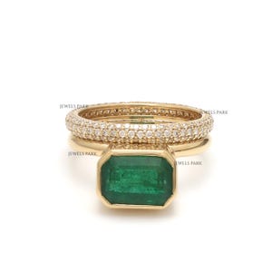 Emerald cut emerald diamond stacking ring gold | Natural emerald octagon diamond band ring hold | Stackable big emerald diamond ring gold