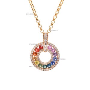 Rainbow sapphire diamond pendant necklace gold | Natural multi sapphire circle shape pendant choker gold | Rainbow ombre charm pendant gold