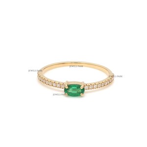 Emerald oval cut diamond thin ring gold | Natural emerald oval prong set diamond ring gold | Oval cut emerald diamond dainty ring gold