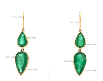 Emerald pear cut bezel set dangling earrings gold | Natural emerald tear drop earrings gold | Emerald pear cut minimalist style earring gold