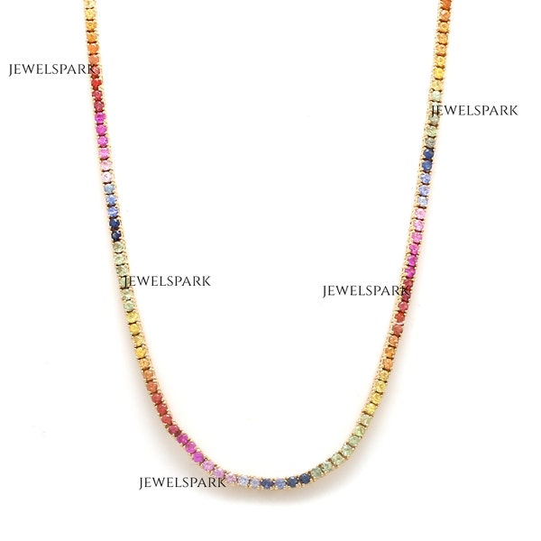 Rainbow sapphire 2MM tennis necklace gold | Natural 7CT rainbow sapphire tennis necklace choker gold | Rainbow ombre necklace choker gold