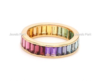 Rainbow eternity band ring baguette cut in 925 silver | Natural 4mm rainbow sapphire multi gemstone channel set ring | Gay pride ring silver