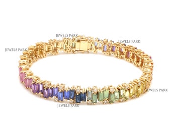 Rainbow sapphire baguette cut diamond tennis bracelet gold | Rainbow sapphire with diamonds tennis bracelet gold | Statement jewelry piece