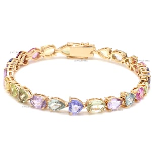 Rainbow sapphire pastel mix shape tennis bracelet gold | Natural multi sapphire oval heart pear tennis bracelet gold | Rainbow bracelet gold