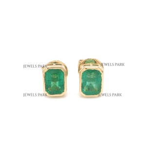 Real emerald bezel set studs earrings gold | Natural 1.50CT emerald cut stud earring gold ready to ship | Emerald earrings gold gift for her