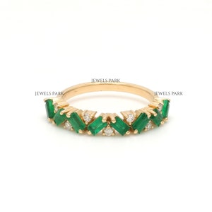 Antieke smaragd diamant stokbrood eeuwigheid band ring goud, natuurlijke smaragd diamant vintage ring goud, mei geboortesteen smaragd ring goud cadeau