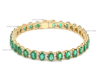 Emerald oval cut diamond tennis bracelet gold | Natural emerald diamond tennis bracelet gold | Emerald big oval cut tennis bracelet gold