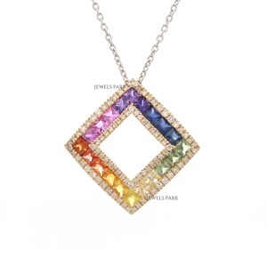 Rainbow sapphire diamond princess cut pendant necklace gold | Natural multi sapphire pendant choker gold | Rainbow ombre charm pendant gold