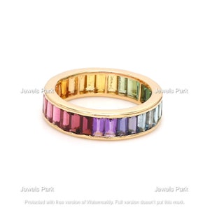 Rainbow eternity band baguette cut channel set ring in 14k 18k gold | Natural rainbow sapphire ombre rainbow gemstone ring | Gay pride ring