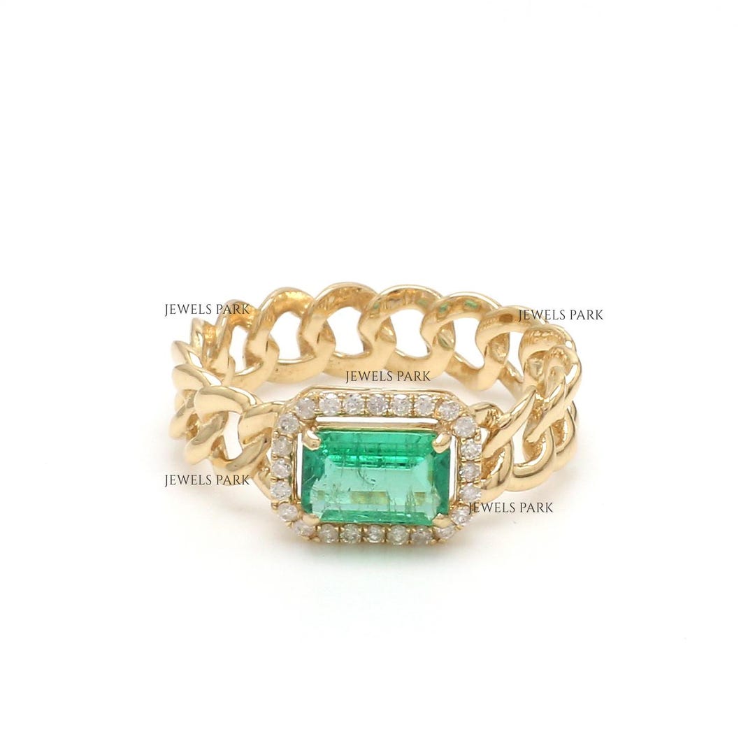 Emerald Cut Emerald Cuban Chain Diamond Eternity Band Ring Gold ...