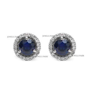 Blauwe saffier diamant mini ronde studs goud | Natuurlijke mini-stekers met blauwe saffier goud | Blauwe saffier ronde oorbellen goud