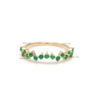 Emerald round zig zag dainty thin band ring gold | Natural emerald ring wedding band gold | Real emerald birthstone mini band ring gold