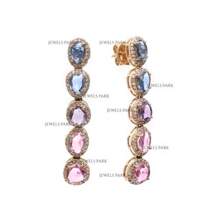 Rainbow sapphire rose cut dangling earrings gold | Natural tumble rose cut sapphire earrings gold | Real rainbow sapphire earrings gold