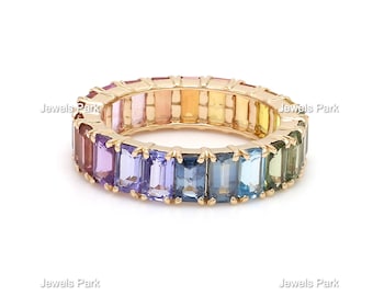 14K solid gold rainbow emerald cut eternity band ring | Natural rainbow gemstone octagon cut ring | Ombre gradient ring | Rainbow ring gold