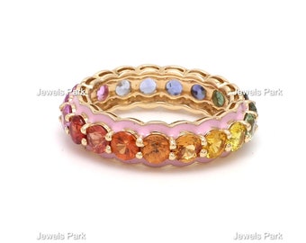 Rainbow sapphire enamel eternity band ring in 14k 18k gold | Natural 3.5mm 3ct multi sapphire pink enamel colourful ombre rainbow ring gold