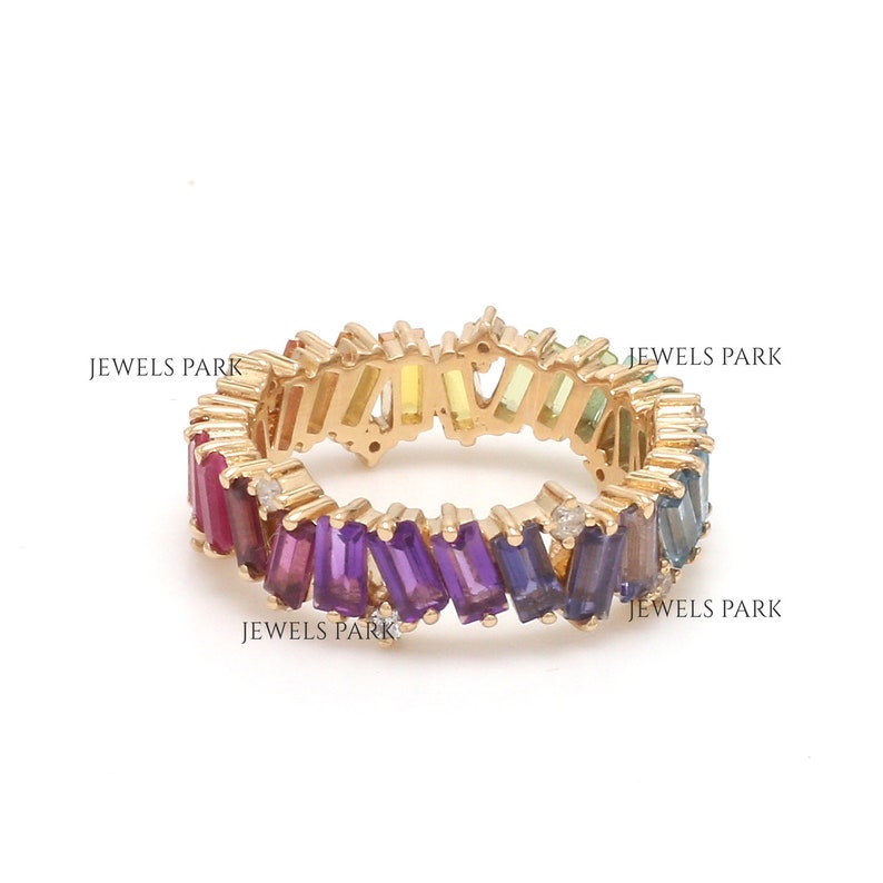 Rainbow gemstone sapphire eternity band ring gold Natural rainbow diamond zig zag ring Rainbow gemstone and diamond ring gold image 8