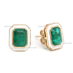 Real emerald bezel set enamel studs earrings gold, Natural 2CTW emerald cut emerald white enamel stud earrings gold, Emerald earrings gold