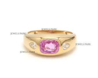 Pink sapphire cushion bezel chunky ring gold | Natural pink sapphire diamond dome ring gold | Vintage pink sapphire antique ring gold