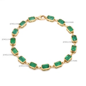 Antique emerald bezel set tennis bracelet gold | Natural emerald cut emerald tennis bracelet gold | Big octagon emerald tennis bracelet gold