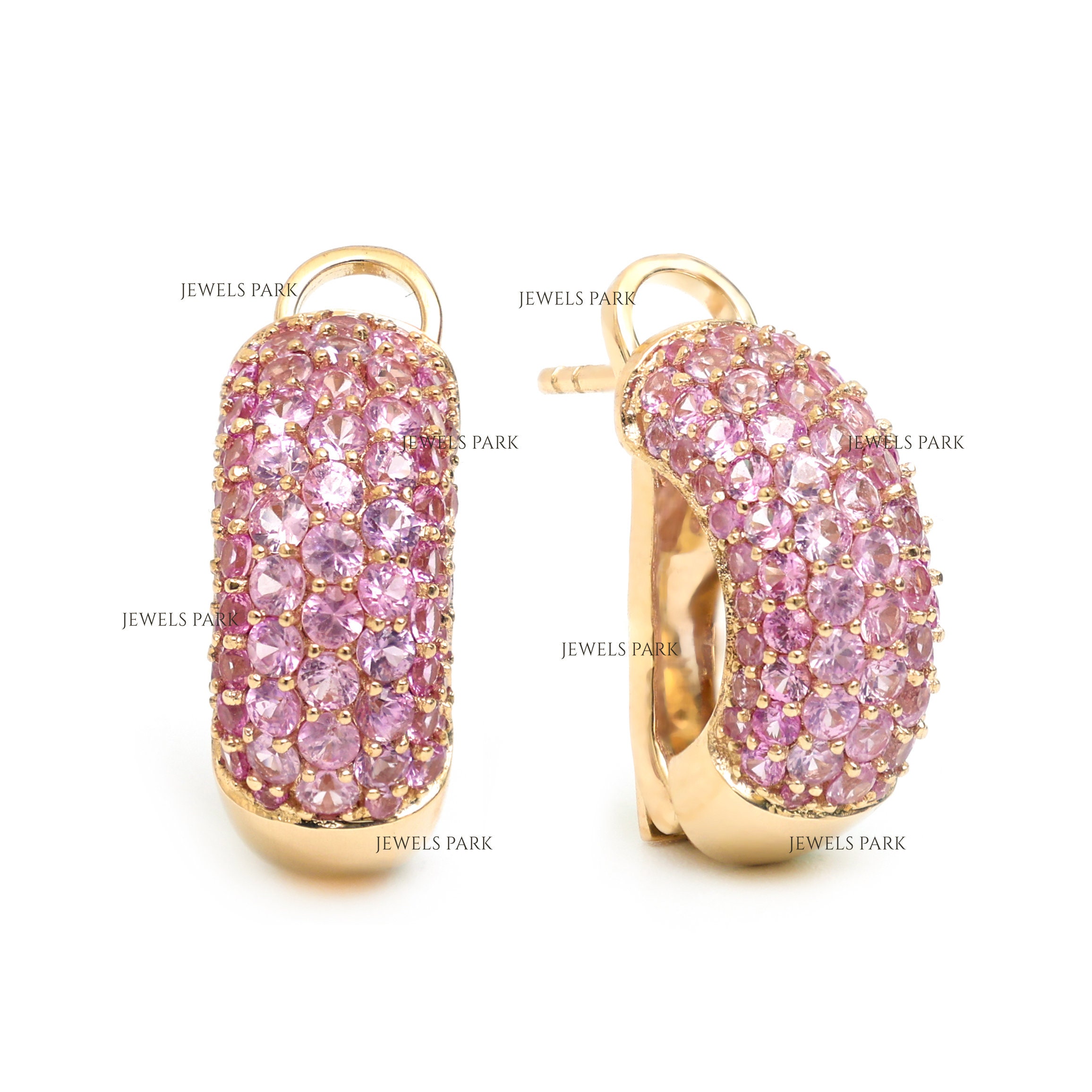 Pink sapphire pave set huggies earrings gold | Natural pink sapphire studded earrings hoops gold | Real pink sapphire earrings hoops gold